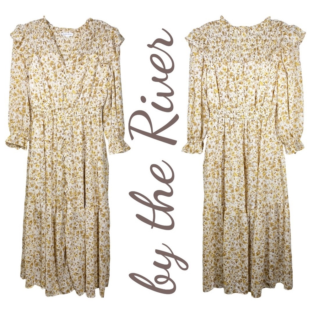 By the River Romantic Floral Boho Smocked Tiered Maxi Dress Cream Yellow, Medium - Picture 13 of 14